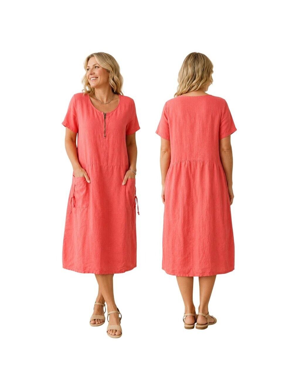 Annabelle 100% Linen Coral Midi Dress, Made In Italy, Lagenlook, Large